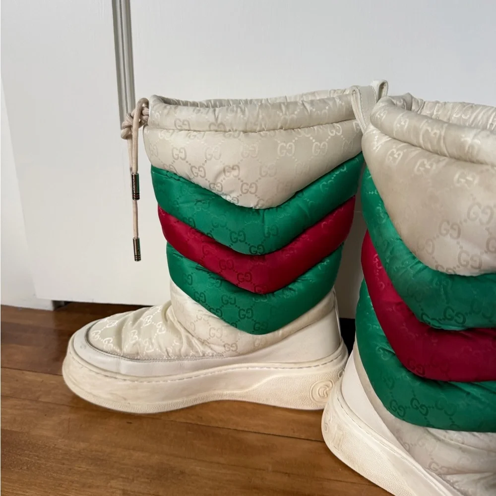 Gucci Red & Green Chevron Padded Nylon Winter Boots